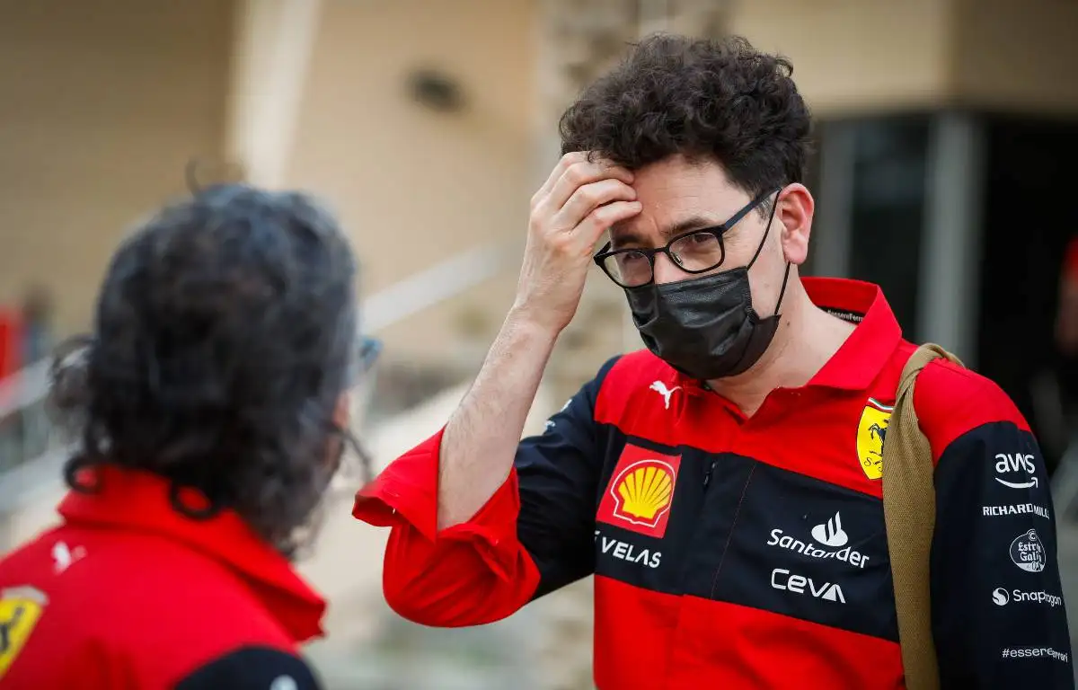 Ferrari team principal Mattia Binotto scratching his head. Bahrain March 2022.