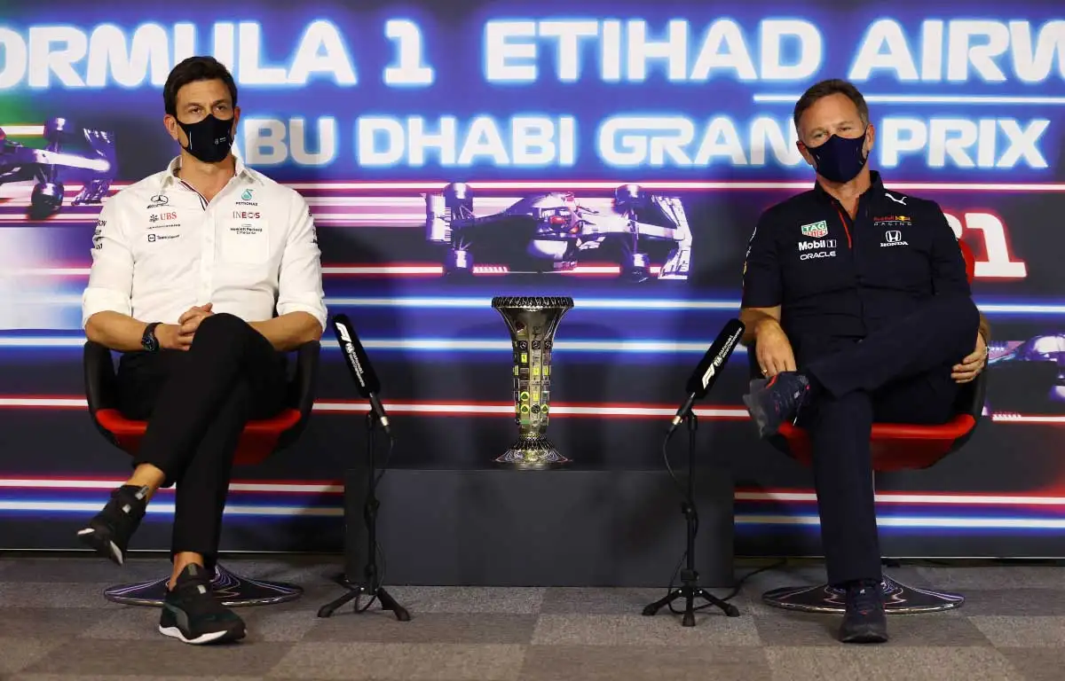 Mercedes and Red Bull bosses Toto Wolff and Christian Horner. Abu Dhabi December 2021.