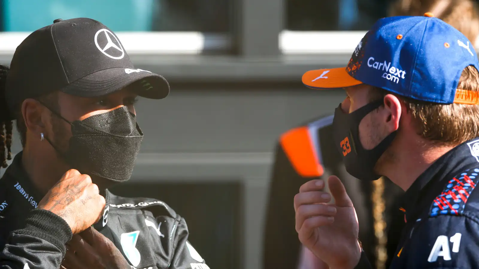 Lewis Hamilton and Max Verstappen speaking. Netherlands September 2021