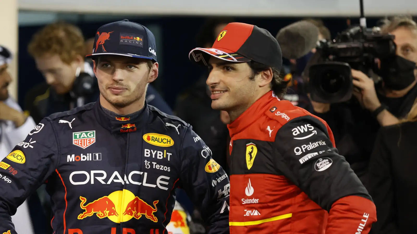 Max Verstappen and Carlos Sainz smiling. Bahrain March 2022