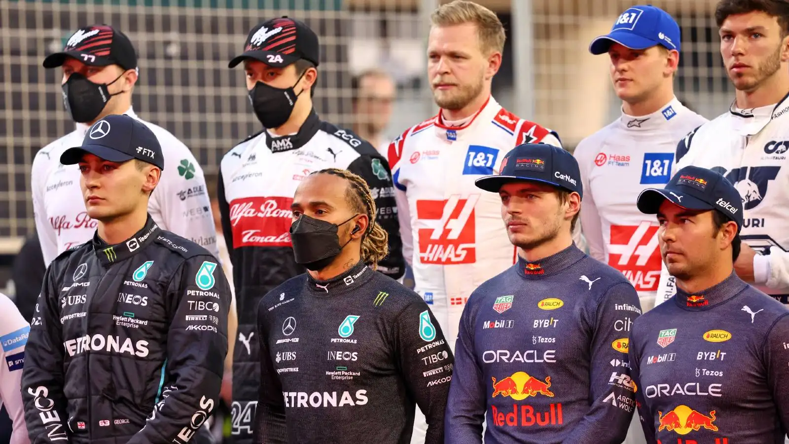 Formula 1 drivers line up for a charity photoshoot. Bahrain March 2022.