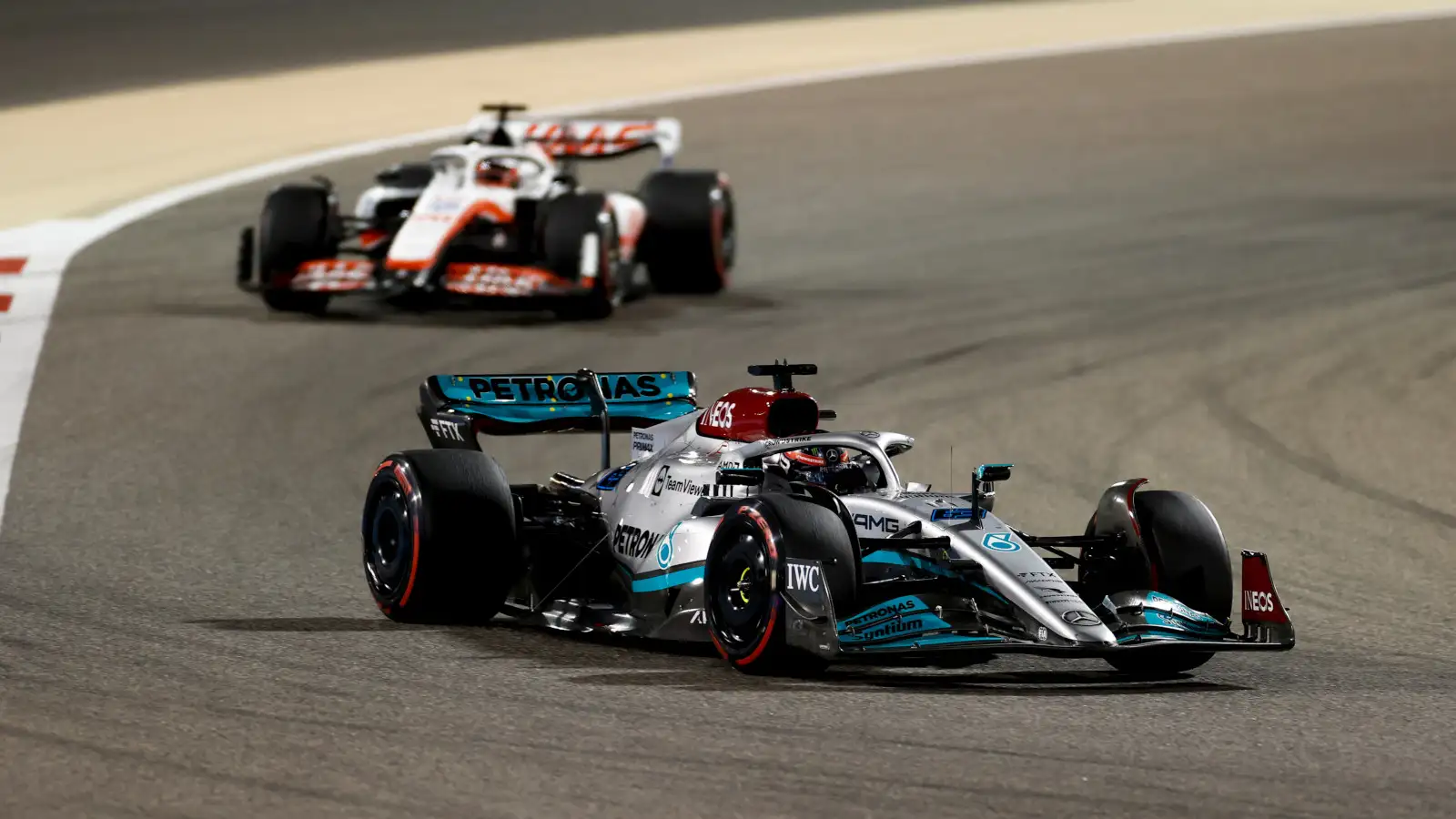 George Russell racing Kevin Magnussen. Bahrain March 2022