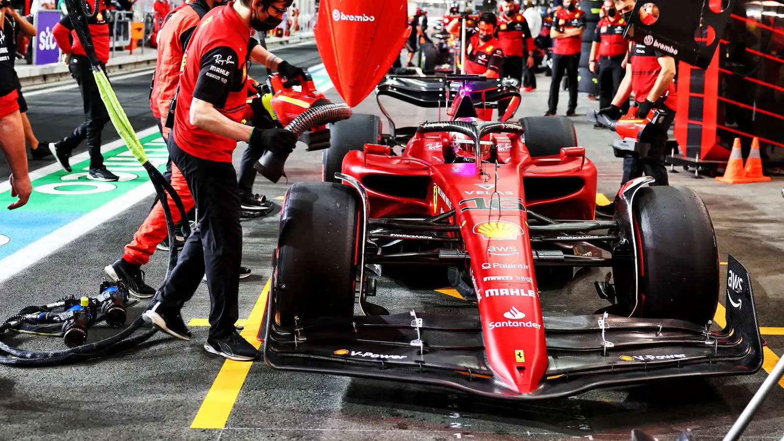 Charles Leclerc, Ferrari, pulls into the pit box. Saudi Arabia March 2022.