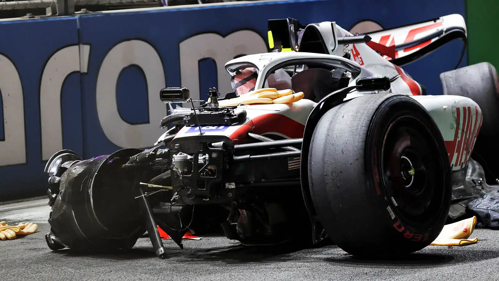 Mick Schumacher's Haas after a huge crash in Q2. Saudi Arabia March 2022