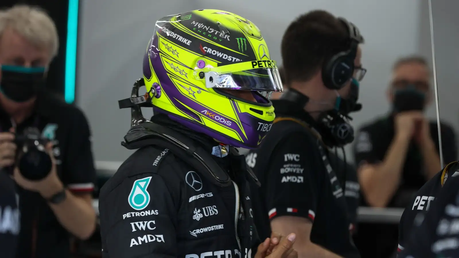 Lewis Hamilton, helmet on in the Mercedes garage. Saudi Arabia March 2022.