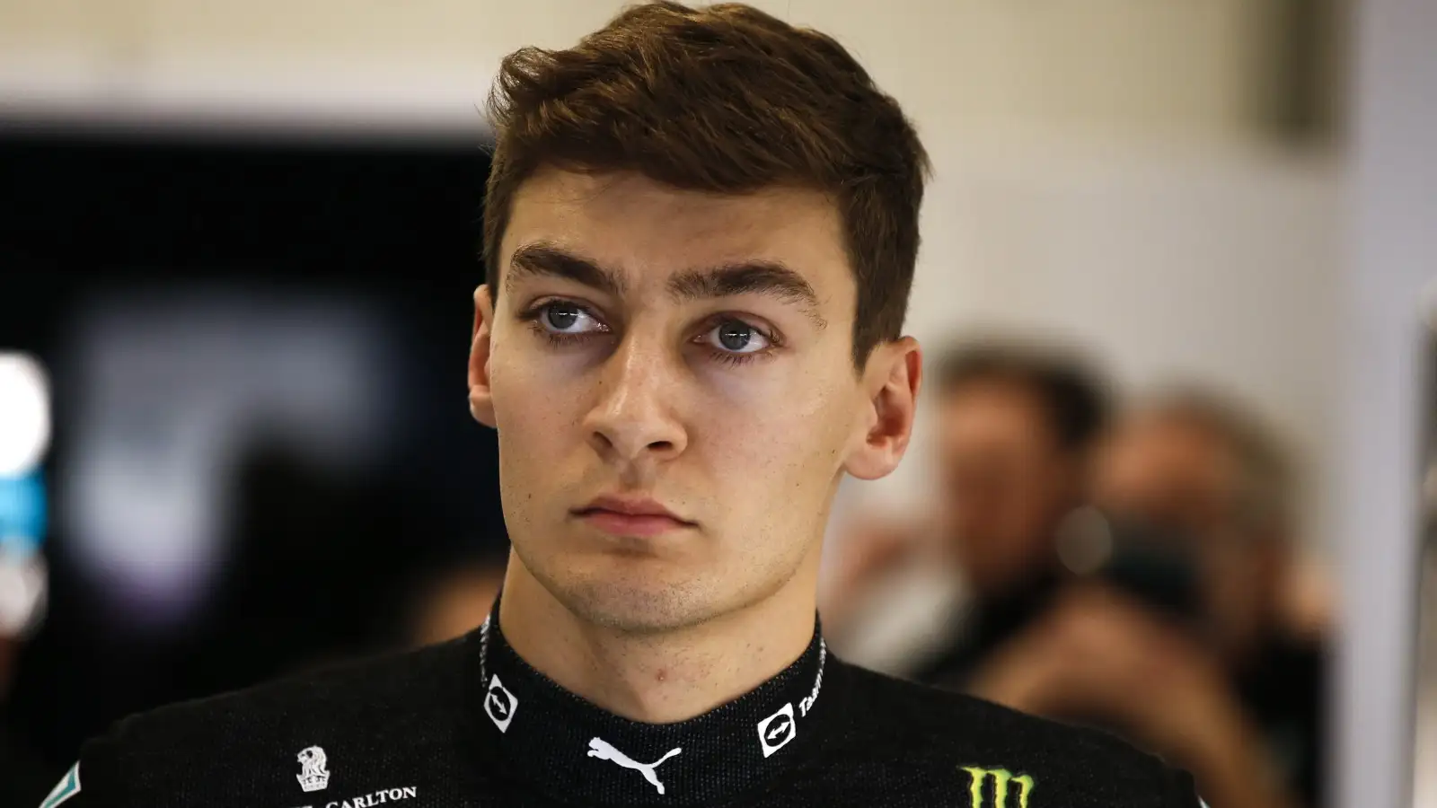 George Russell, Mercedes, looking serious. Saudi Arabia, March 2022.