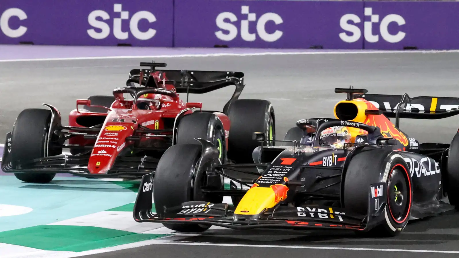 Max Verstappen and Charles Leclerc battle. Saudi Arabia March 2022