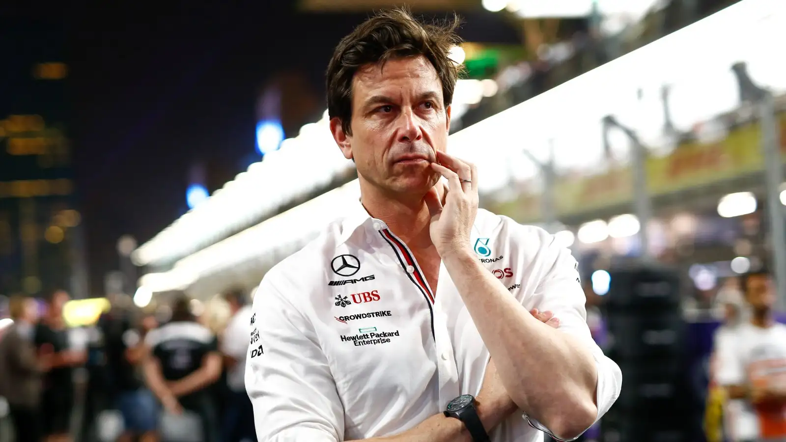 Toto Wolff with his hand on his cheek during the Saudi Arabian Grand Prix. Jeddah, Saudi Arabia, March 2022