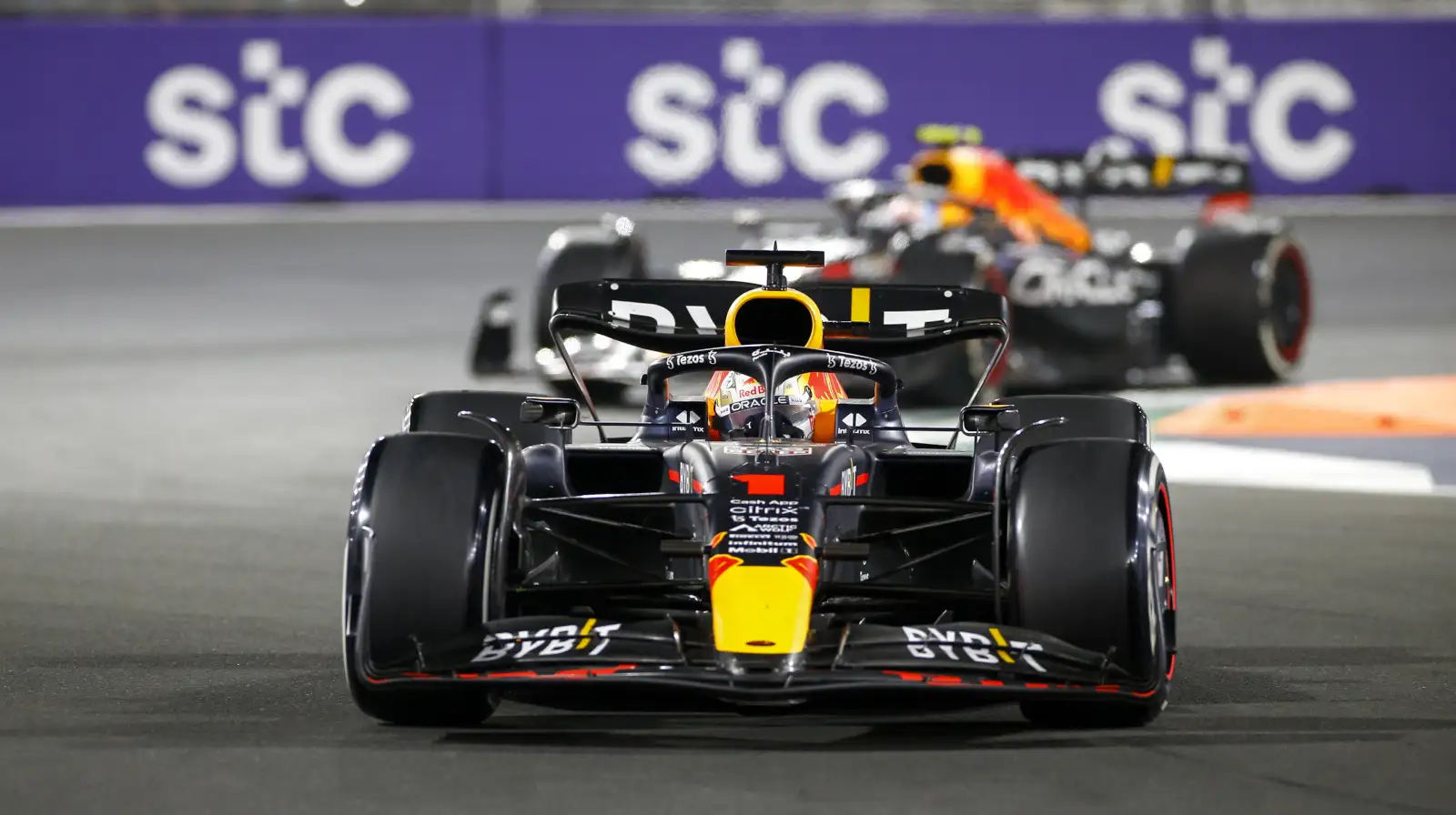 Max Verstappen leads Sergio Perez. Saudi Arabia March 2022