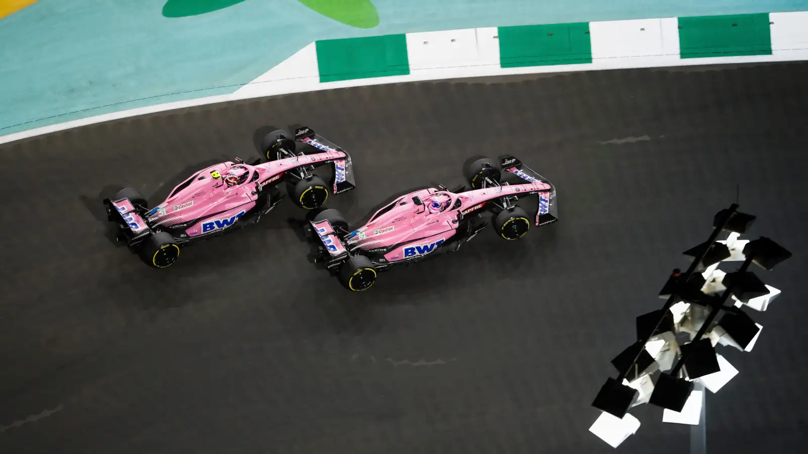 Fernando Alonso and Esteban Ocon battle. Saudi Arabia March 2022