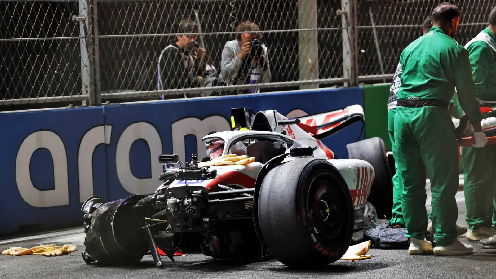 Mick Schumacher's crumpled Haas. Jeddah March 2022.