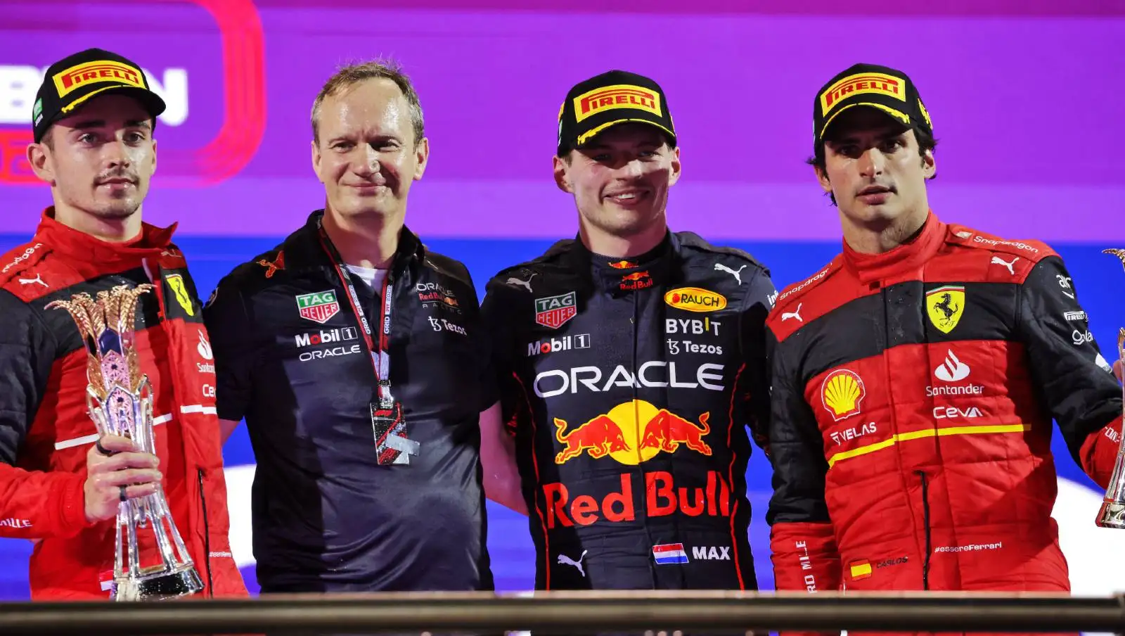 Max Verstappen, Charles Leclerc, Carlos Sainz and Paul Monaghan on the podium. Jeddah March 2022.