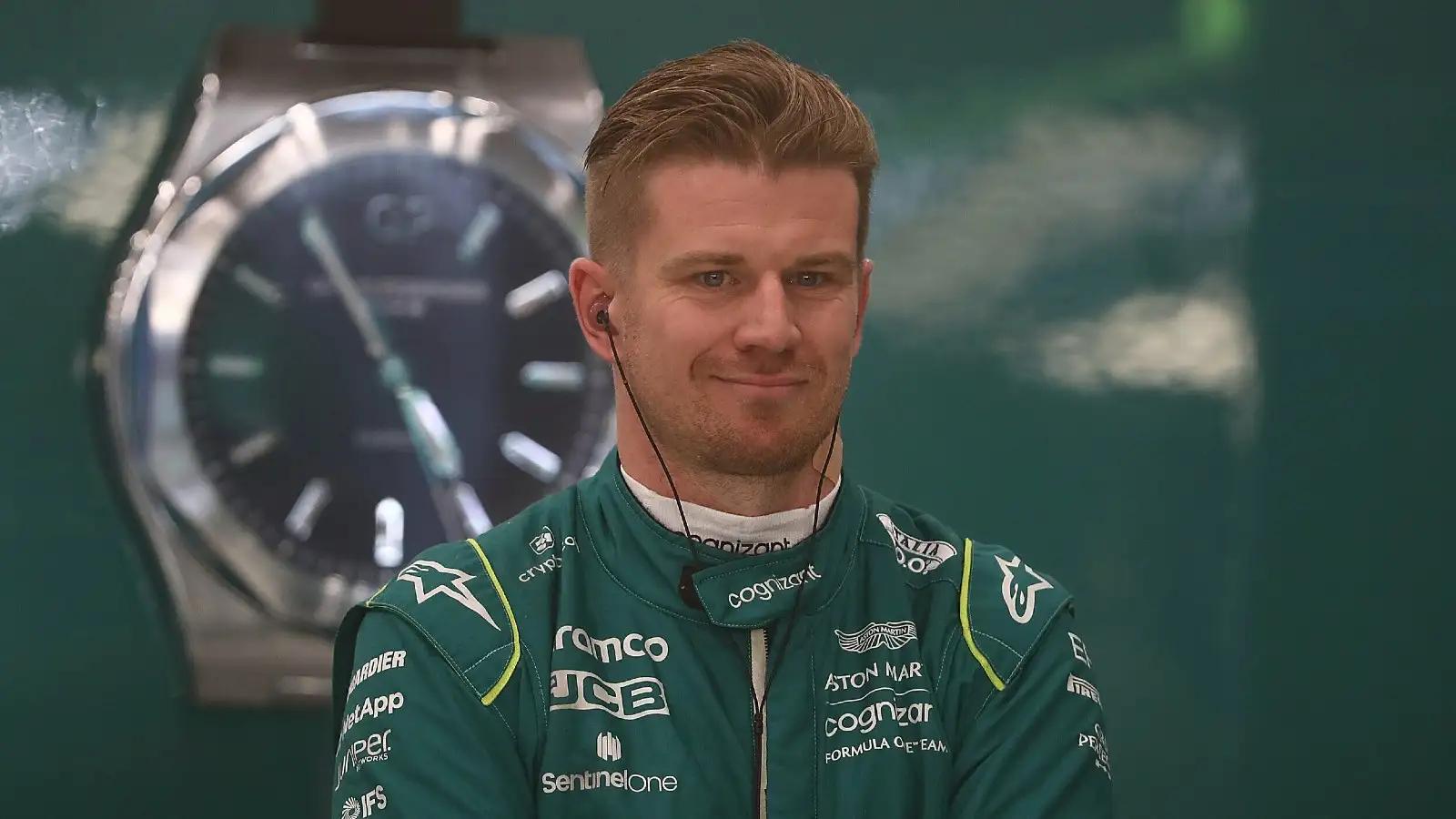 Nico Hulkenberg smiles in the Aston Martin garage. Saudi Arabia March 2022.