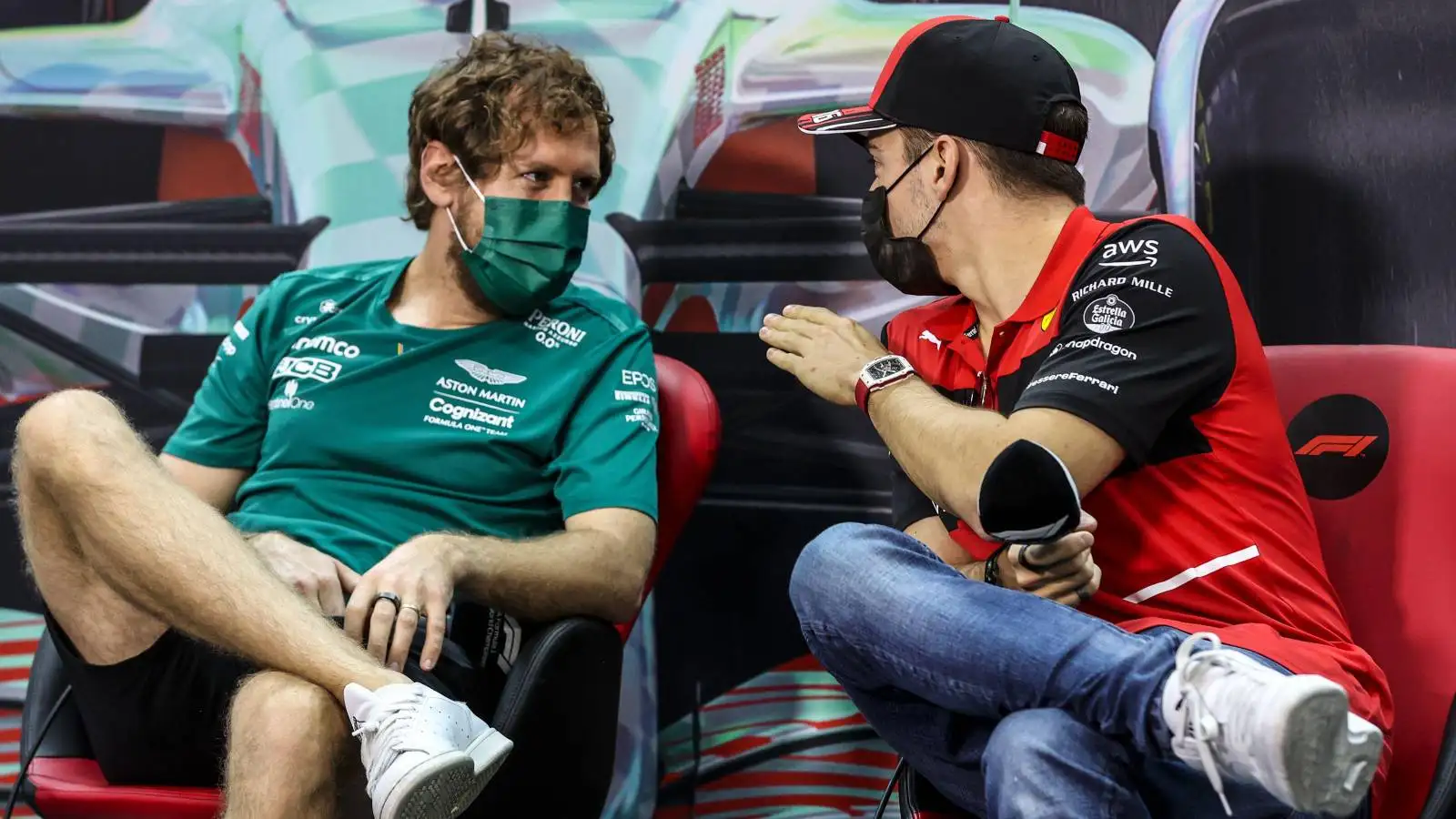 Former team-mates Sebastian Vettel and Charles Leclerc talk. Bahrain March 2022.