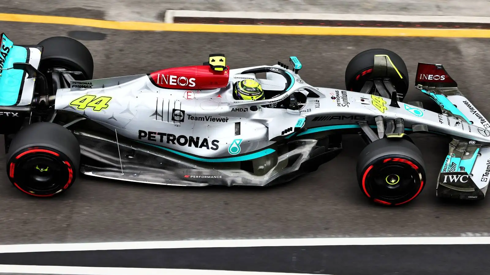 Arial shot of Lewis Hamilton driving the Mercedes W13. Australia, April 2022.