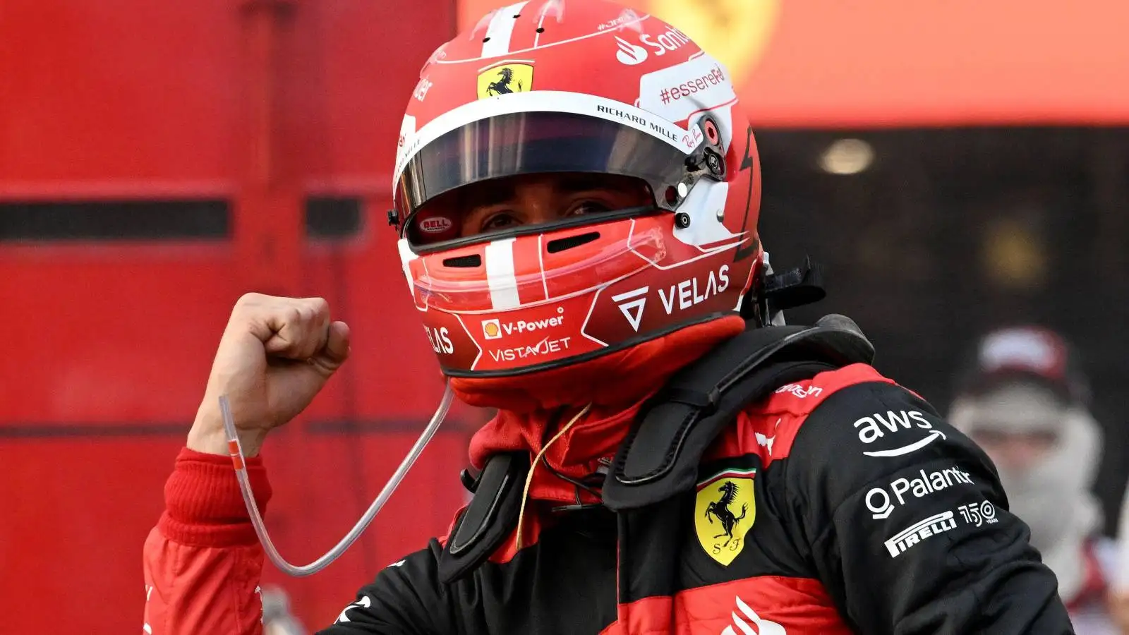 Charles Leclerc, Ferrari, celebrates after claiming pole. Australia, April 2022.