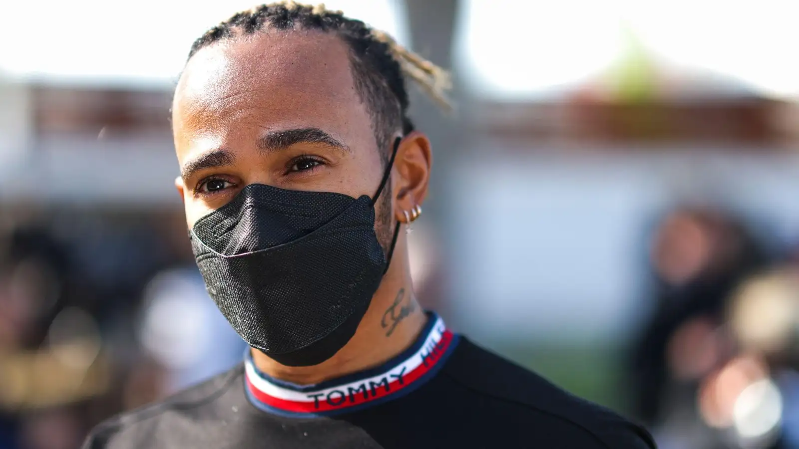 Lewis Hamilton, Mercedes, wearing a face mask. F1 Australia, April 2022.