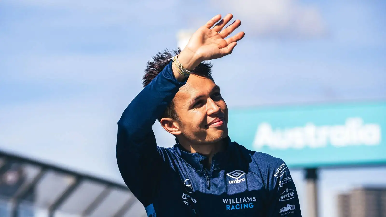 Alex Albon waves to the crowd at the Australian GP. Melbourne April 2022.