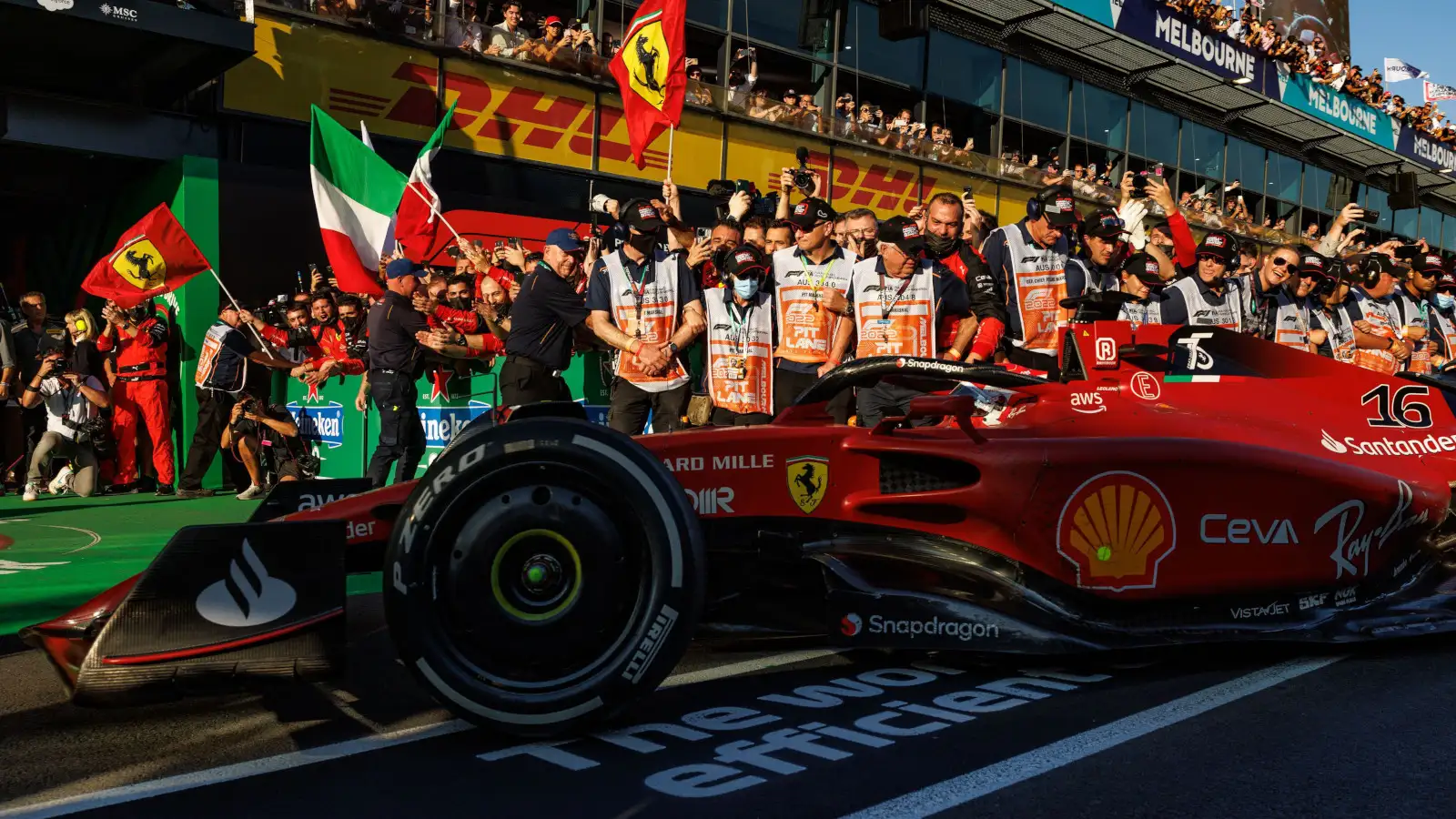 Charles Leclerc into parc ferme after winning in Melbourne. Australia April 2022