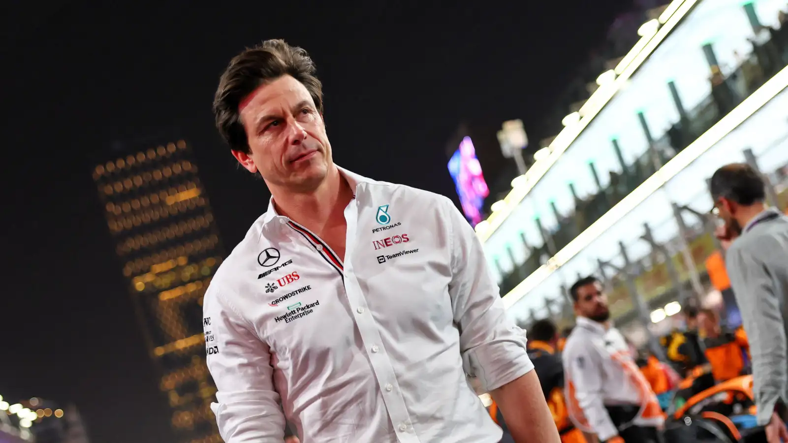 Mercedes team boss Toto Wolff walking down the pit lane. Saudi Arabia March 2022
