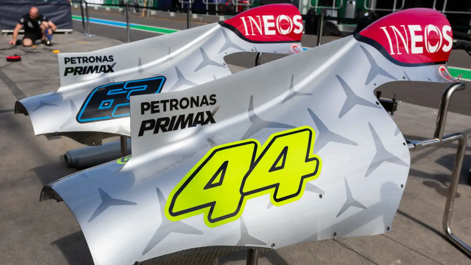 Mercedes engine covers in the pit lane. Australia April 2022