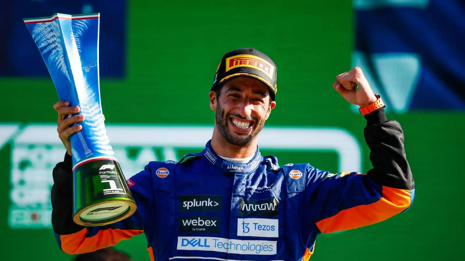 Daniel Ricciardo celebrates victory in the Italian GP. Monza September 2021.