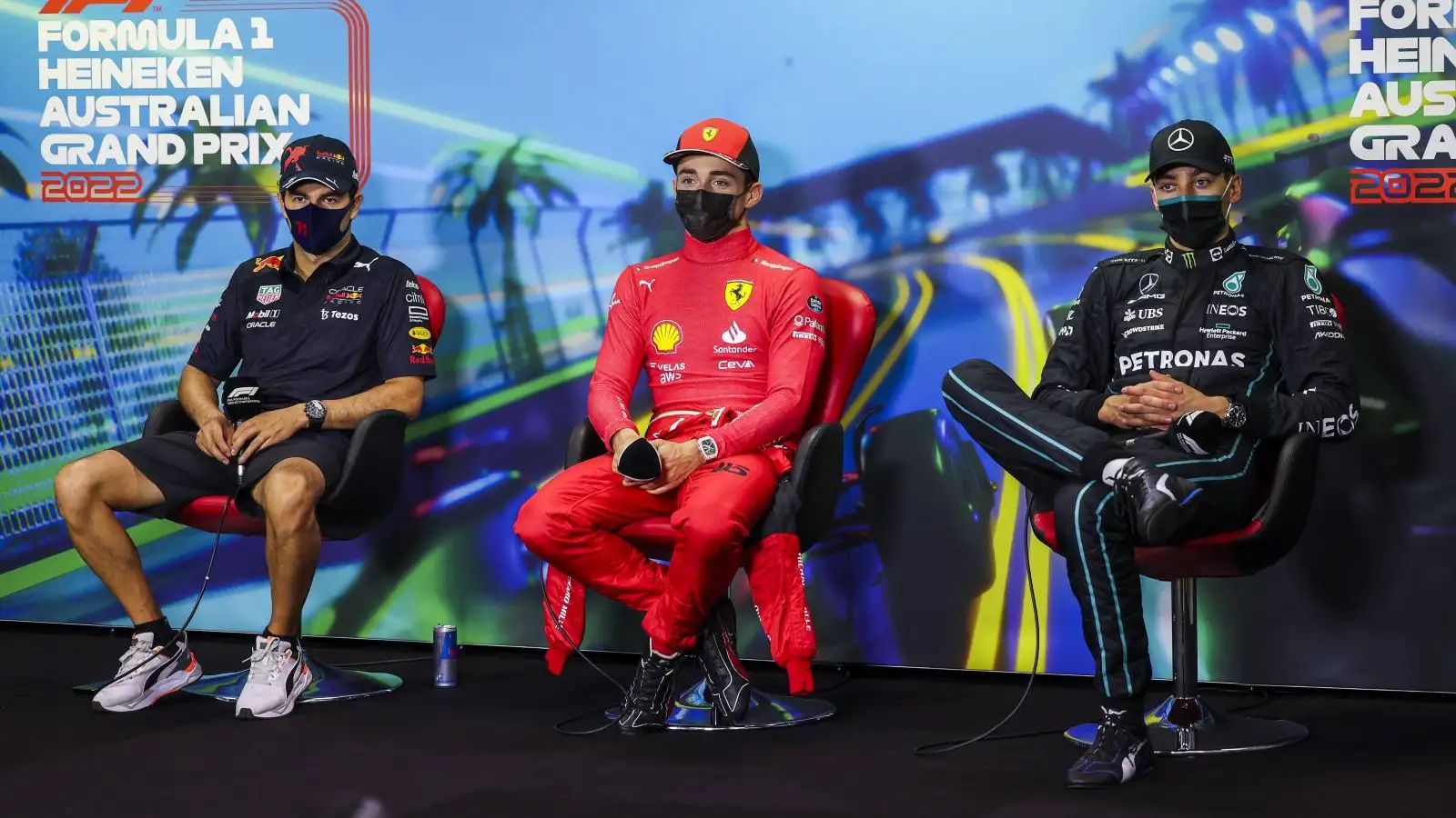 Sergio Perez, Charles Leclerc and George Russell during a press conference. Australia, April 2022.