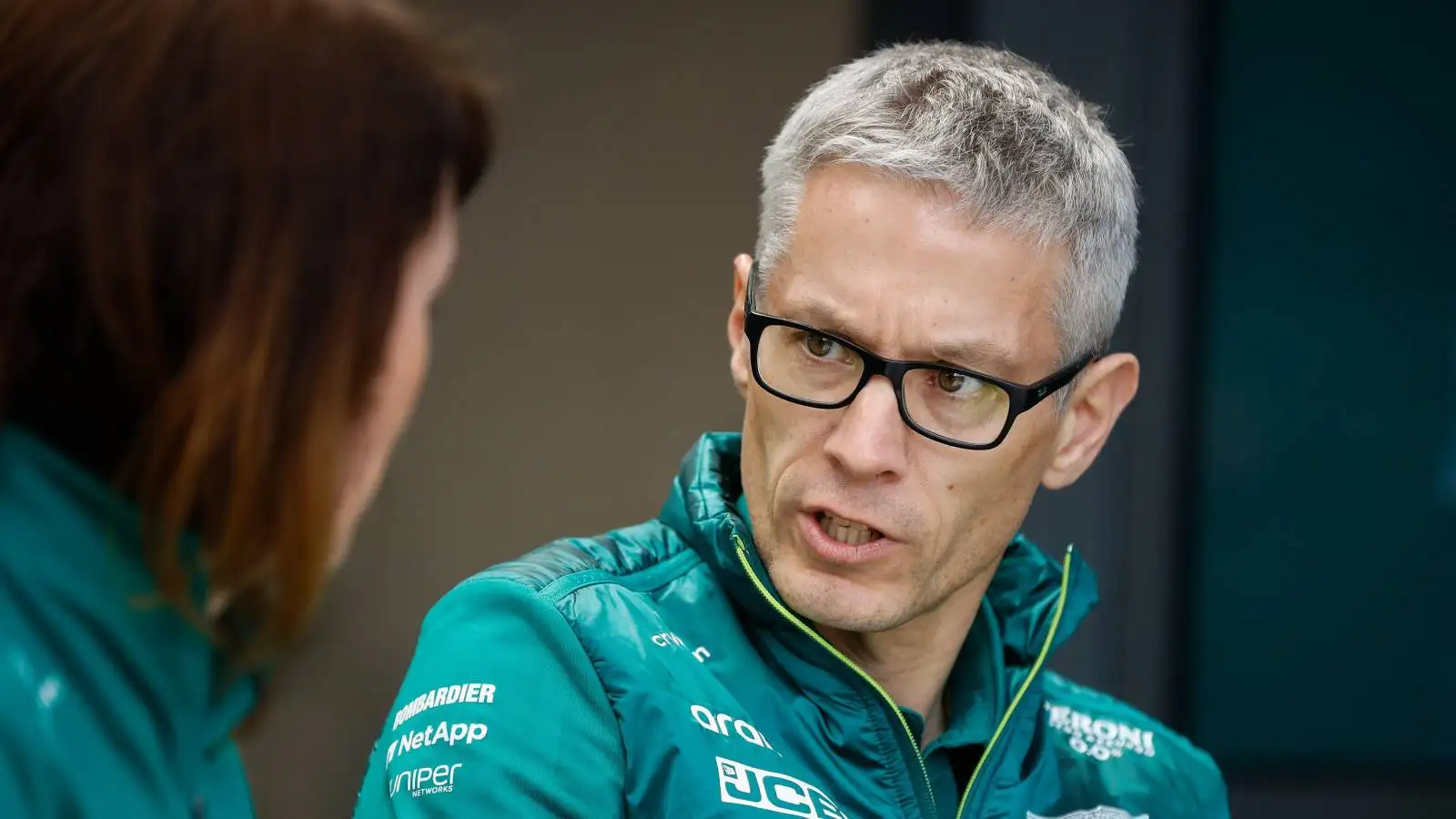 Mike Krack talks to an Aston Martin colleague. Melbourne April 2022.