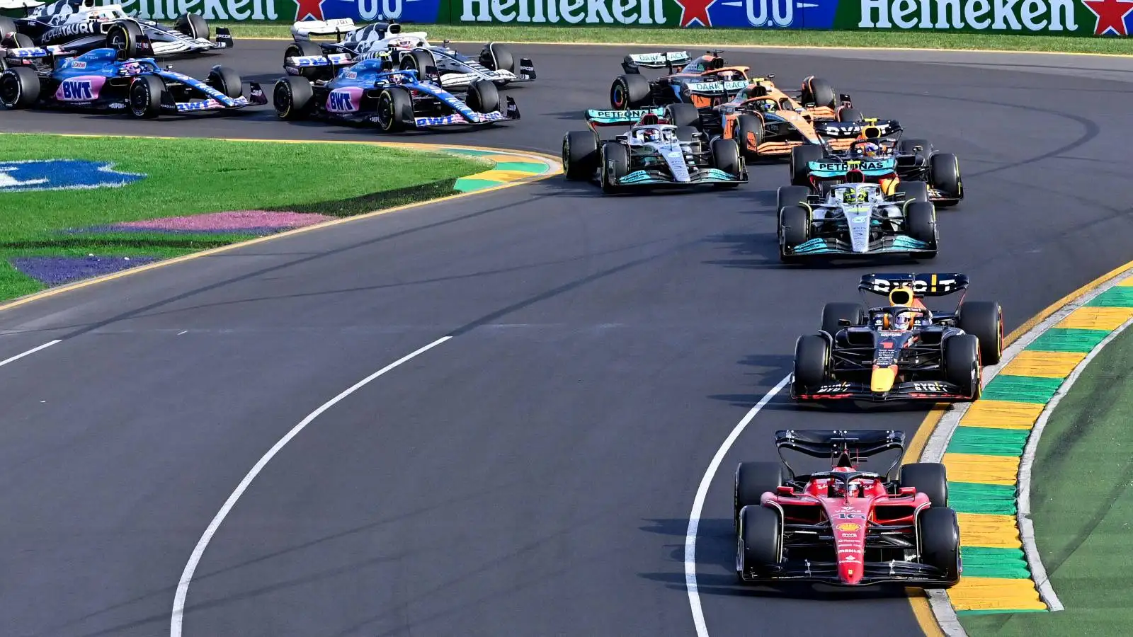 Charles Leclerc, Ferrari, leads the pack away. Australia, April 2022.