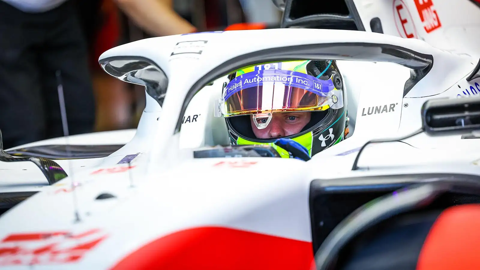 Mick Schumacher sits in his Haas car. Melbourne April 2022