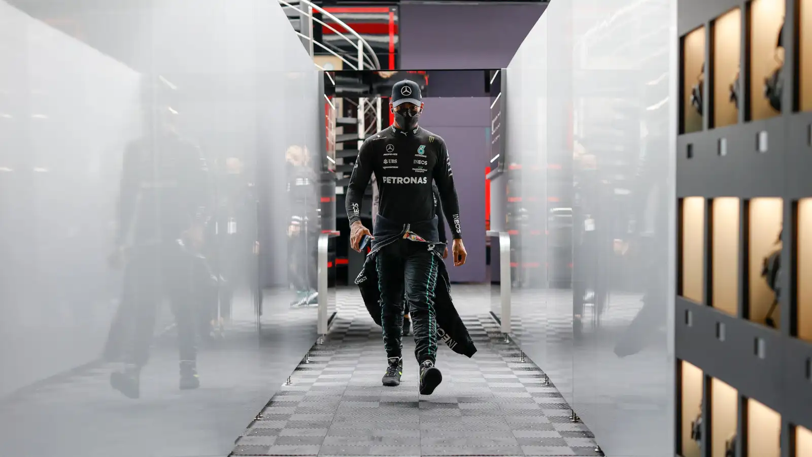 Lewis Hamilton walking down the Mercedes tunnel. Imola April 2022