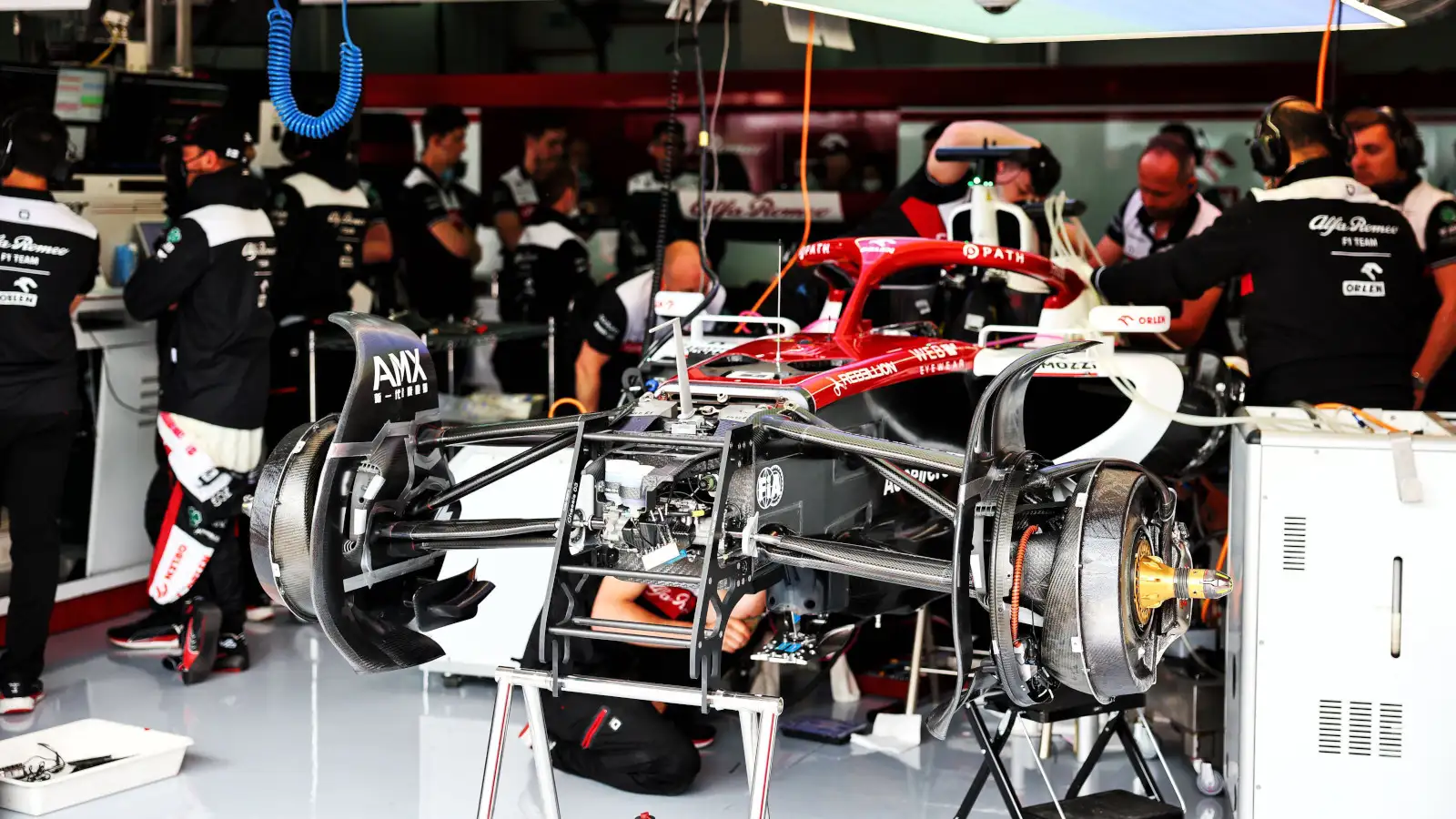 Valtteri Bottas' Alfa Romeo being worked on. Imola April 2022