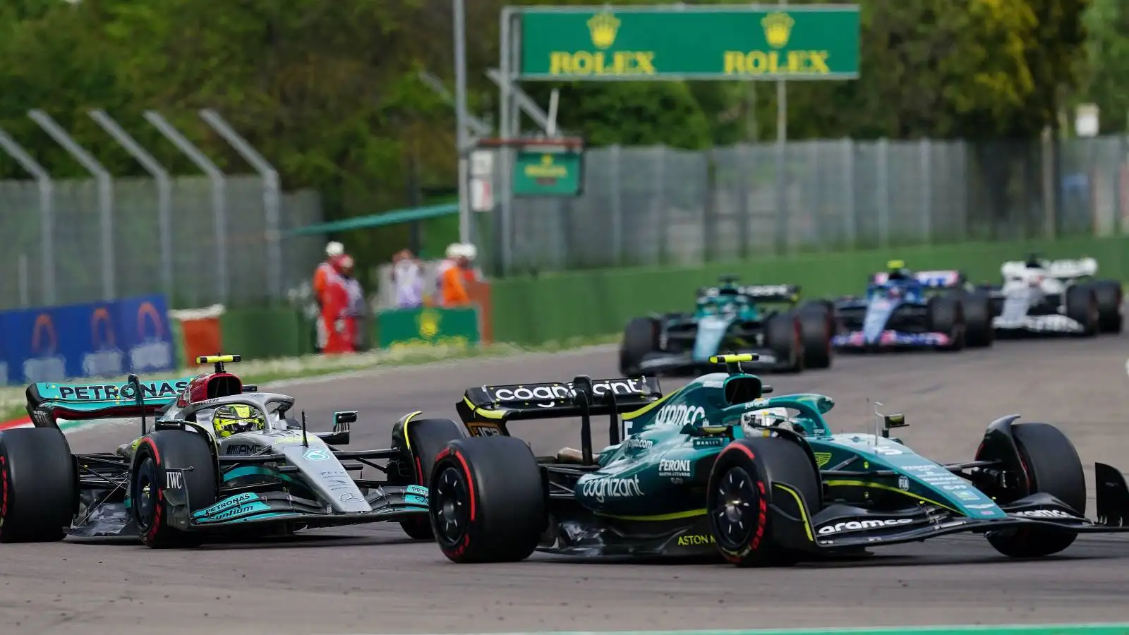 Lewis Hamilton, Mercedes, behind Sebastian Vettel, Aston Martin. Italy, April 2022.