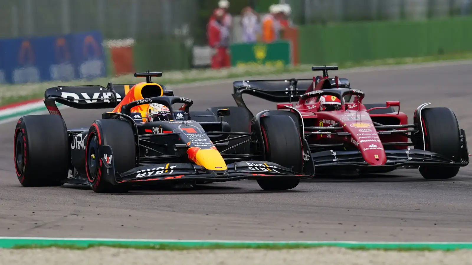 Max Verstappen pulling ahead of Charles Leclerc for the lead. Imola April 2022
