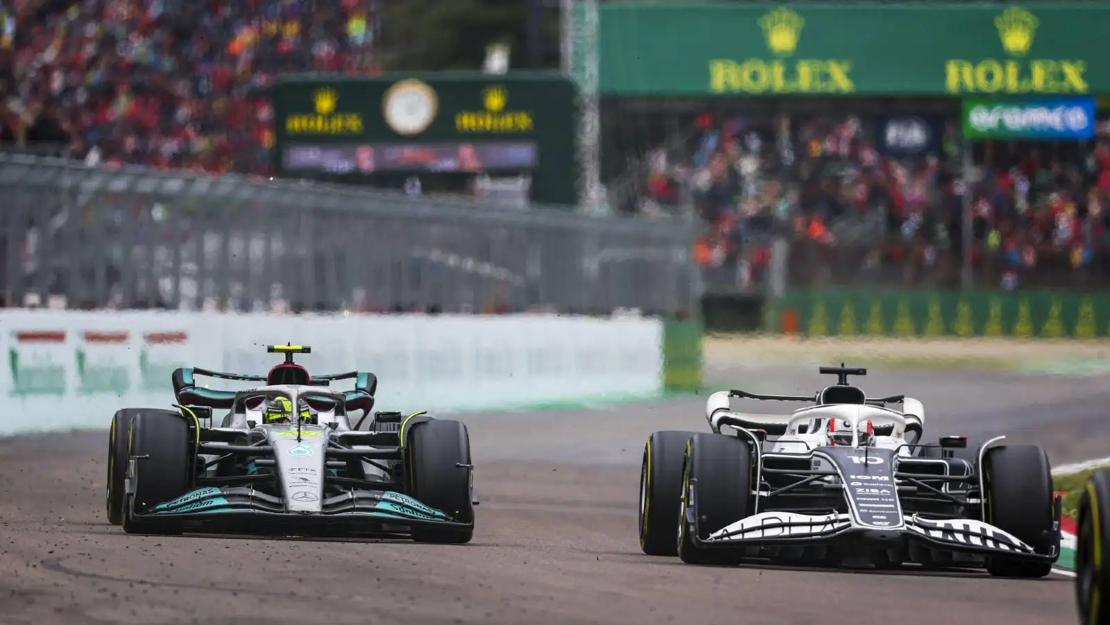 Lewis Hamilton alongside Pierre Gasly during the Emilia Romagna GP. Imola April 2022.