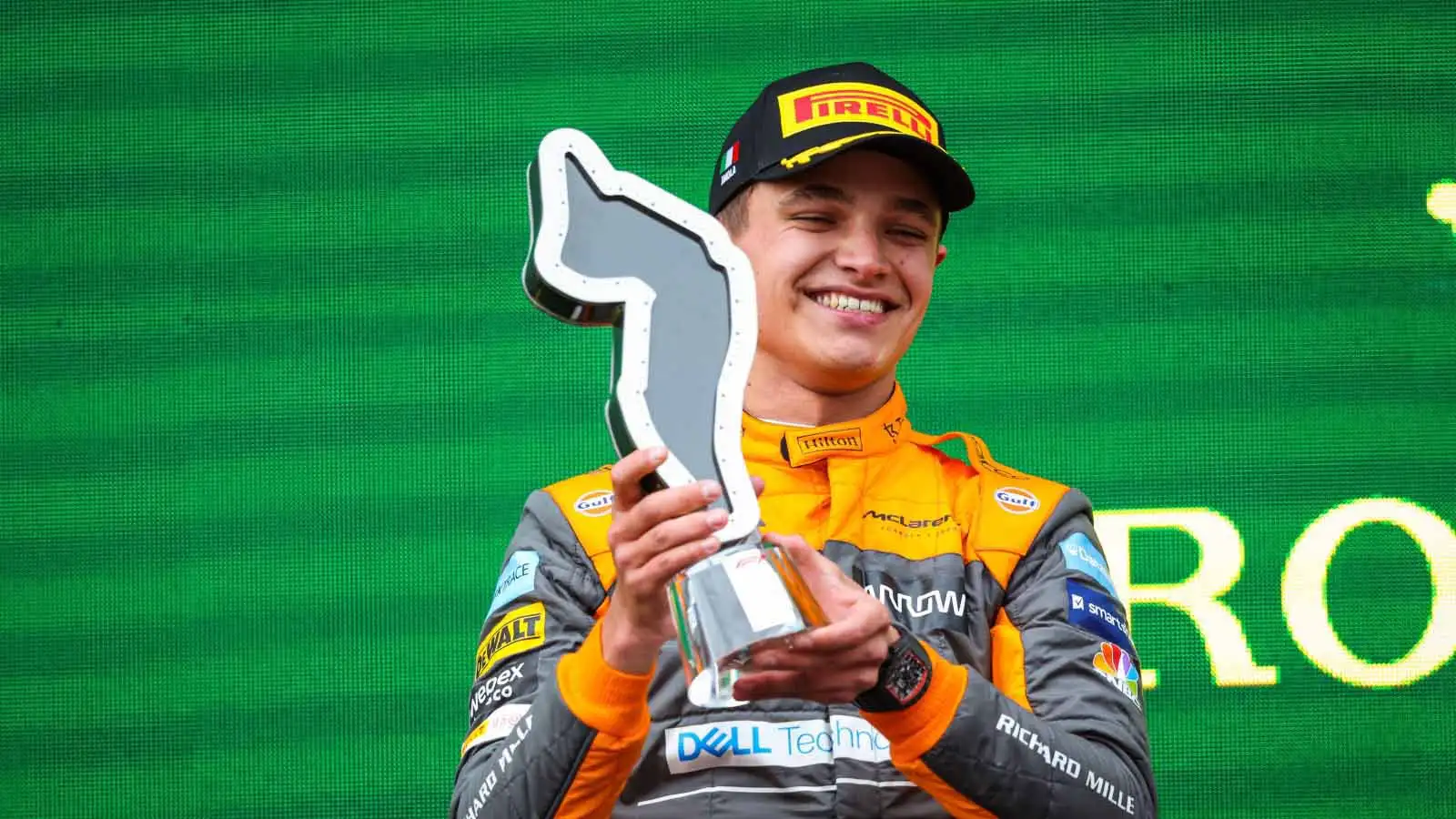 Lando Norris holds the trophy. Imola April 2022.