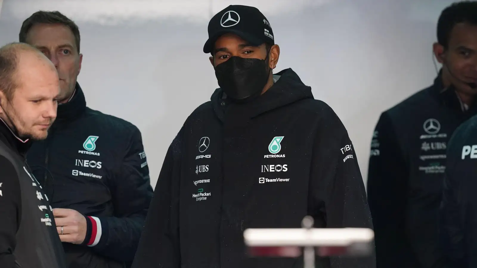 Lewis Hamilton inside the Mercedes garage. Imola, April 2022.