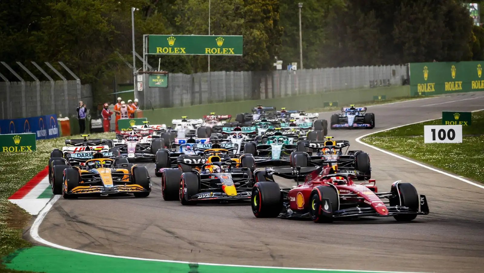 Charles Leclerc leads in the opening stages of the Emilia Romagna GP sprint. Imola April 2022.