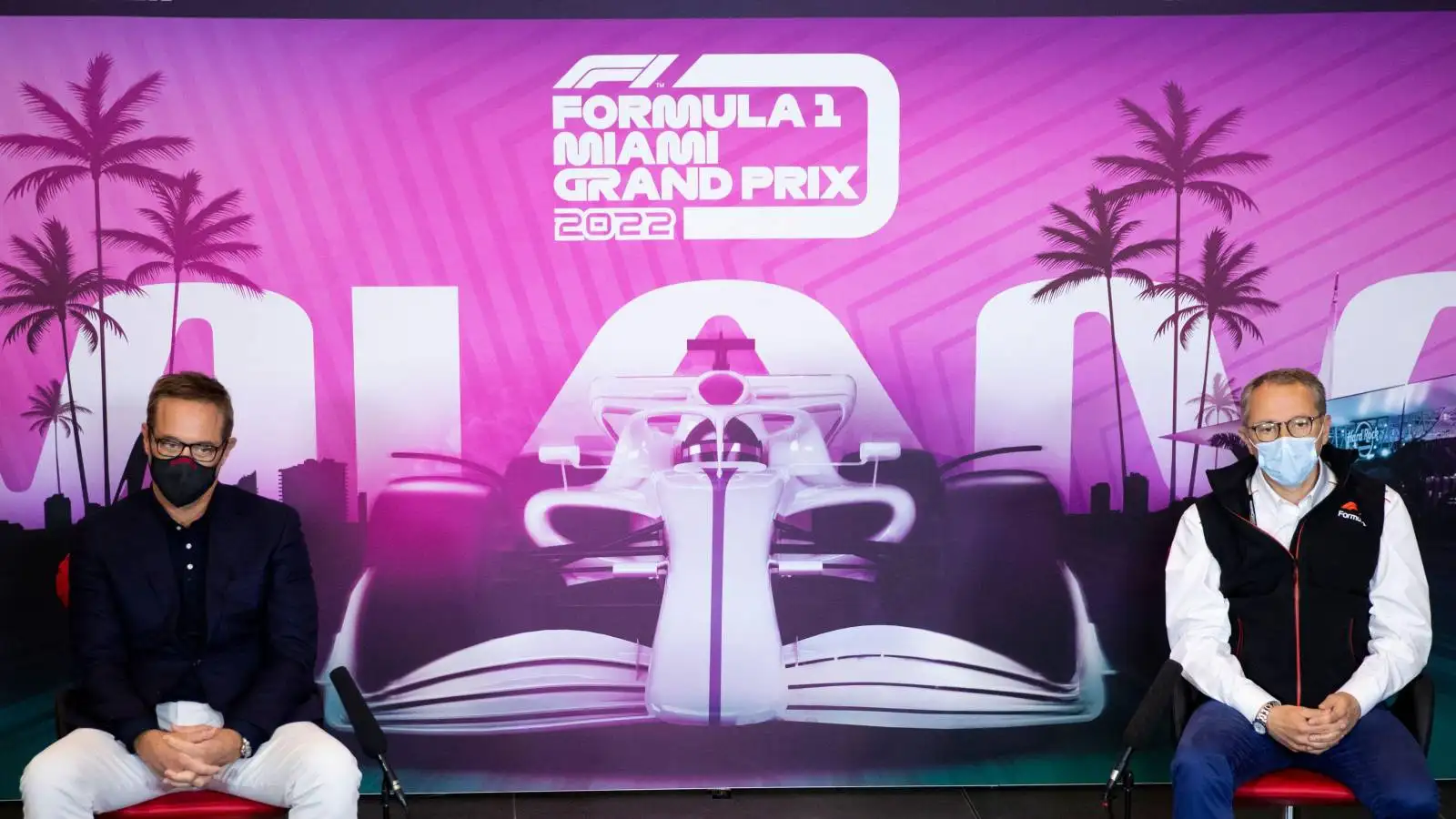 A poster advertising the Miami Grand Prix at a press conference. Italy, April 2021.