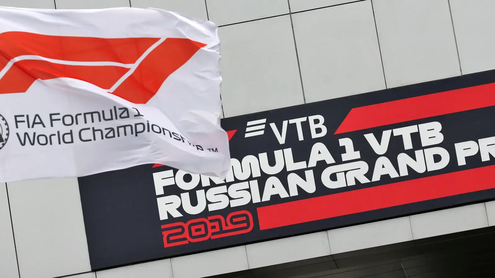 The Formula 1 flag and Russian GP sign. Russia, September 2019.