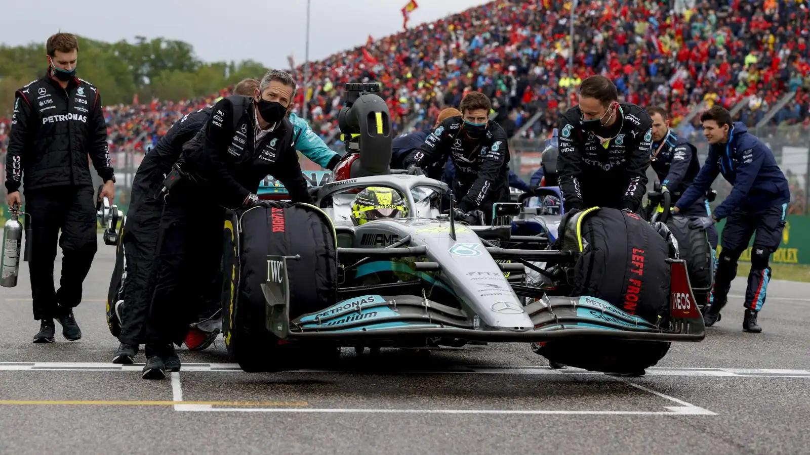 Mercedes put Lewis Hamilton into place on the grid. Italy, April 2022.