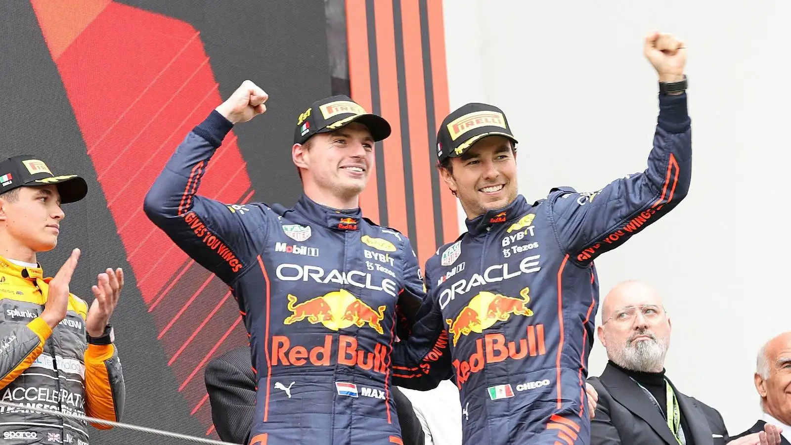 Max Verstappen and Sergio Perez celebrate together. Formula 1 Imola, April 2022.