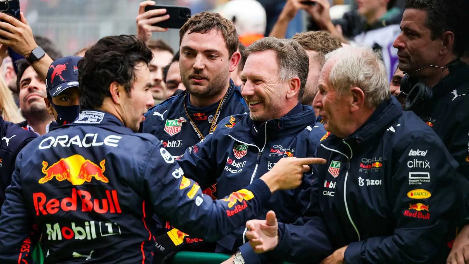 Sergio Perez, Christian Horner and Helmut Marko, Red Bull. Imola April 2022.