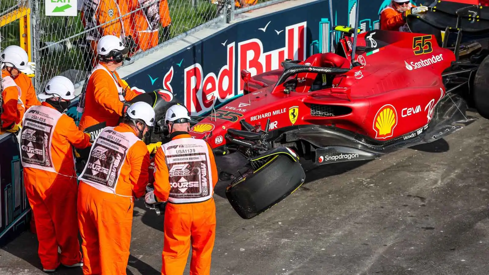 The damaged Ferrari of Carlos Sainz. Miami May 2022.