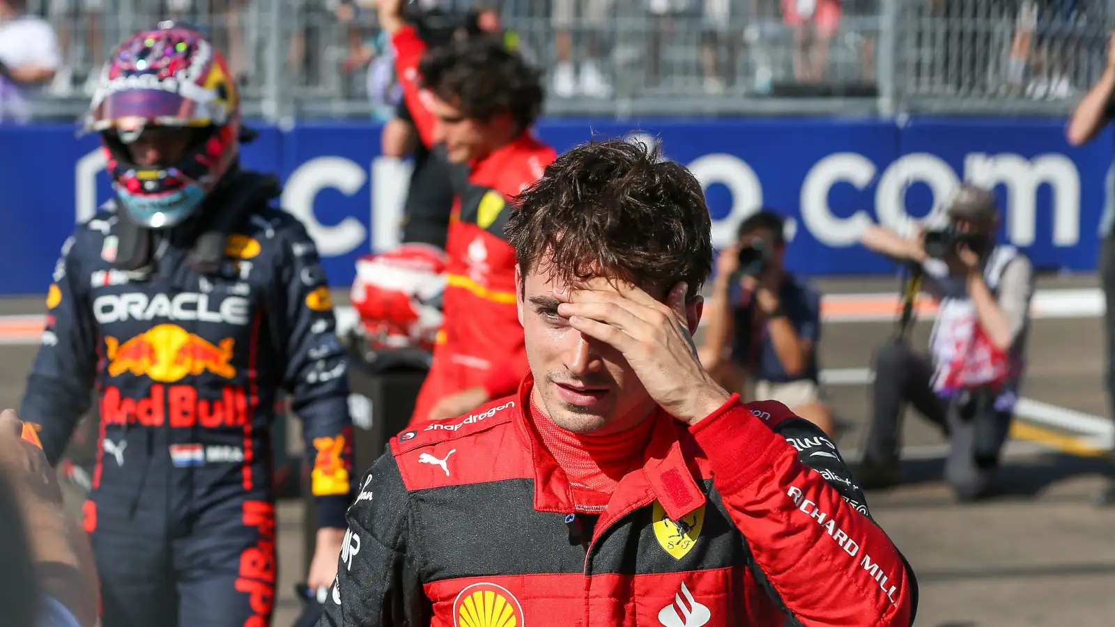 Charles Leclerc happy after taking pole position. Miami May 2022