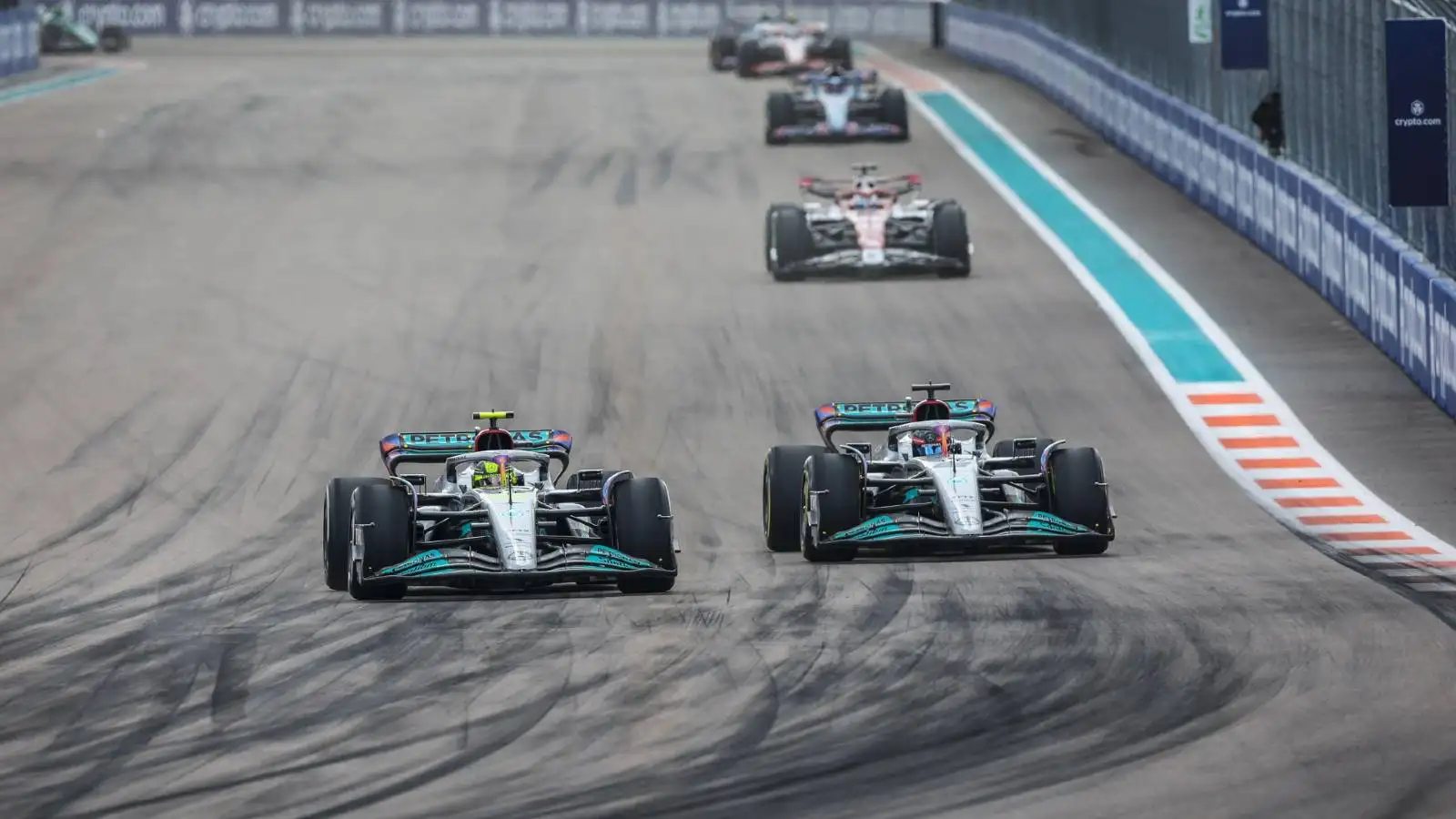Lewis Hamilton alongside George Russell. Miami May 2022.