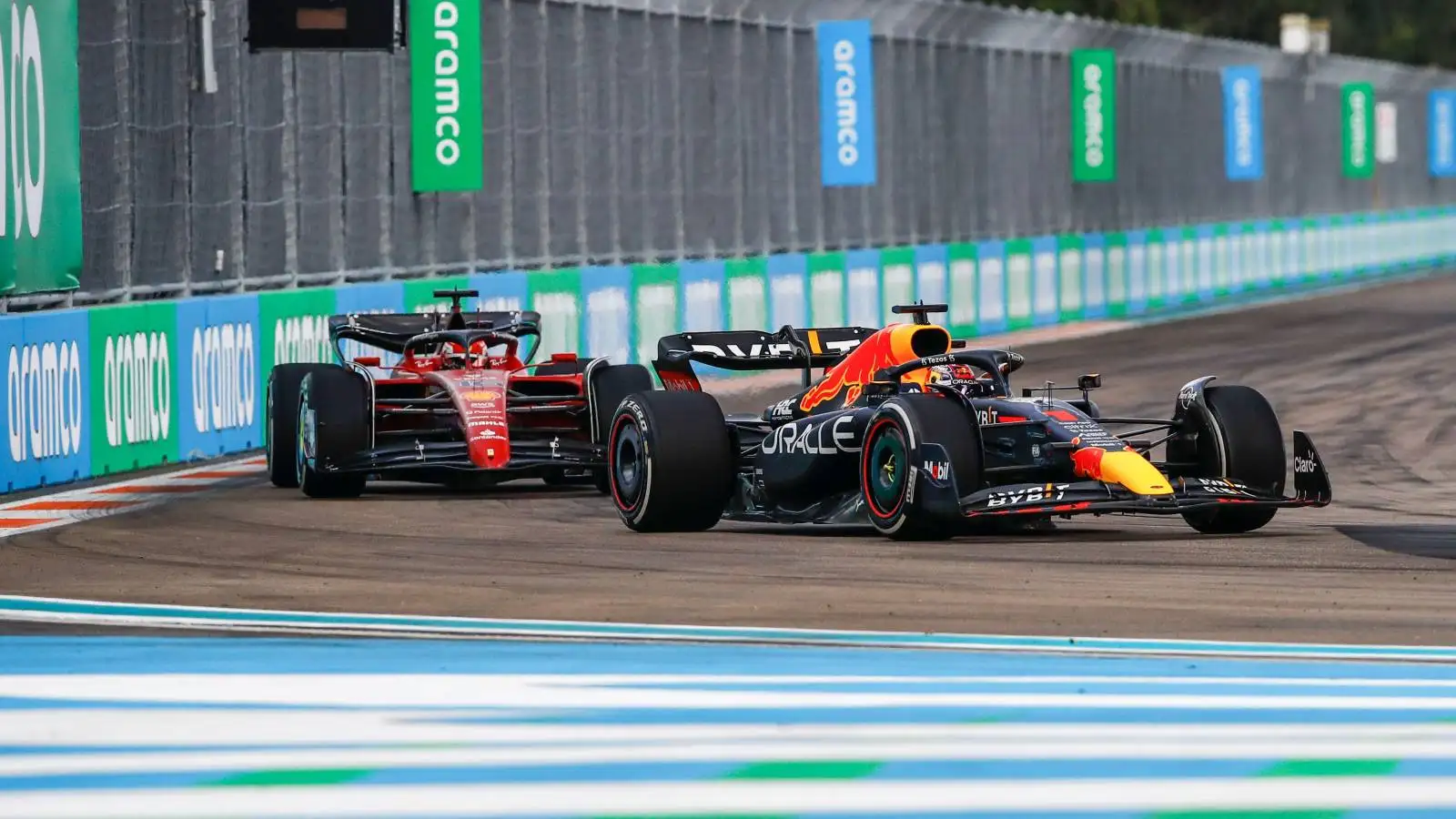 Charles Leclerc chases Max Verstappen in Miami. United States, May 2022.