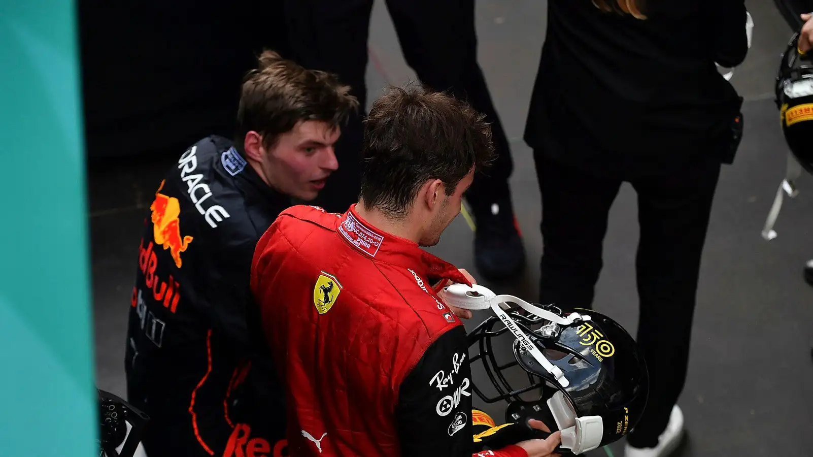 Charles Leclerc speaking with Max Verstappen before the podium ceremony. Miami May 2022