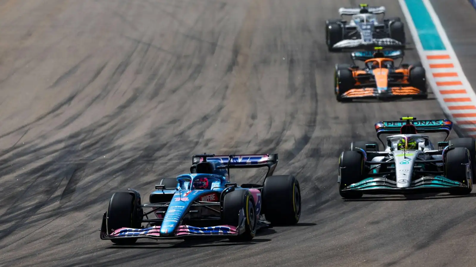 Fernando Alonso ahead of Lewis Hamilton in Miami. United States, May 2022.