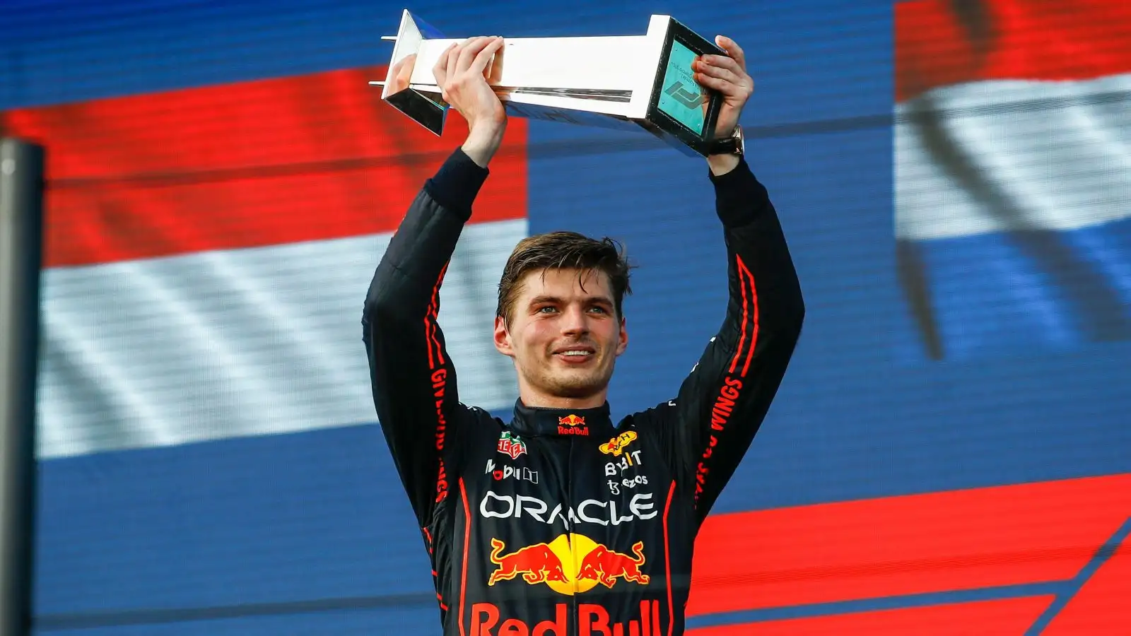 Max Verstappen lifting the winners trophy. Miami, May 2022.